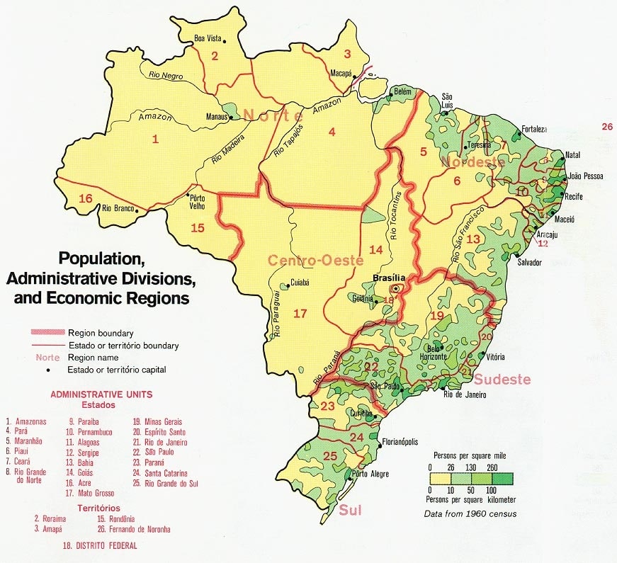 Carte de la répartition de la population du Brésil en 1977 avec la densité d'habitant au kilomètre carré.