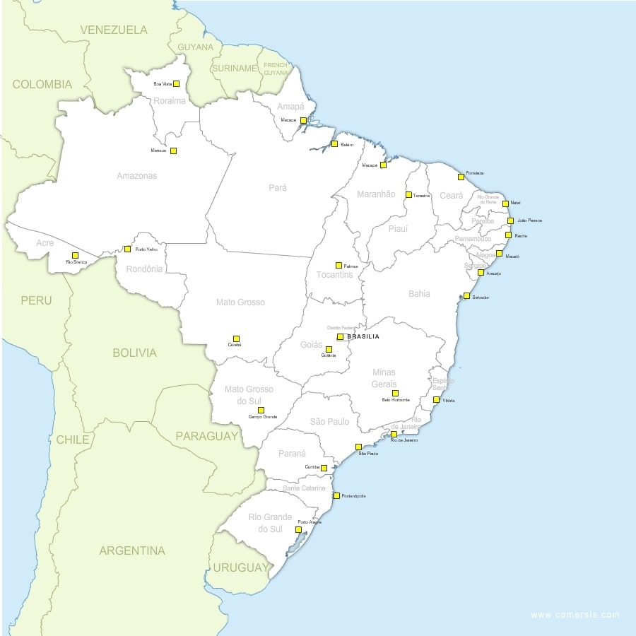 Carte simple et blanche du Brésil avec les villes et les Etats.