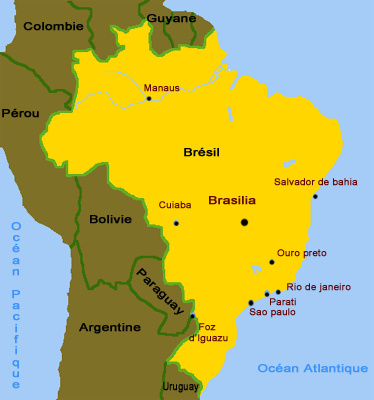 Carte simple du Brésil avec les grandes villes et les pays voisins.