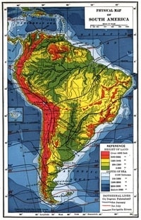 Carte du Brésil et des pays voisins avec l'altitude en pieds.