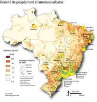 Carte du Brésil avec la densité de peuplement en habitants par km² et l'armature urbaine