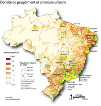 carte Brésil densité de peuplement en habitants par km² et l'armature urbaine