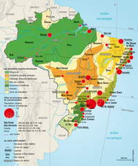 Carte du Brésil avec les Etats, les régions, les axes de communication et les domaines morpho-climatiques