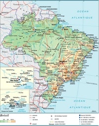 Carte du Brésil grande carte avec la taille des villes, le relief, l'altitude, les routes, les autoroutes, les voies ferrées, les gazoducs et les sites touristiques