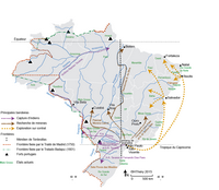 Carte du Brésil historique avec l'exploration par les aventuriers, les bandeiras, les frontières et les forts portugais