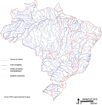 Carte Brésil avec l'hydrographie, les fleuves, les rivières, les voies navigables, les bassins hydrographiques et les aquifères souterrains