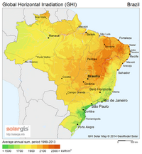 Carte du Brésil avec le potentiel d'énergie solaire en kWh/m2 en fonction du taux d'ensoleillement