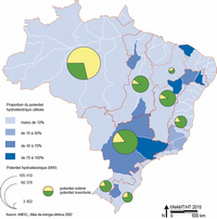 Carte du Brésil avec le potentiel hydroélectrique utilisé, estimé et inventorié
