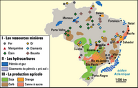 Carte du Brésil avec les ressources minières, les hydrocarbures et les productions agricoles