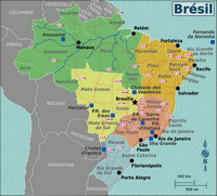 Carte du Brésil avec les villes, les numéros des routes et les lieux touristiques