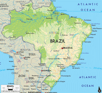 Grande carte Bresil avec les fleuves, les villes, les pays voisins et l'échelle en kilomètre
