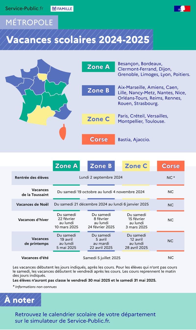 Calendrier des vacances scolaires en France en 2024-2025
