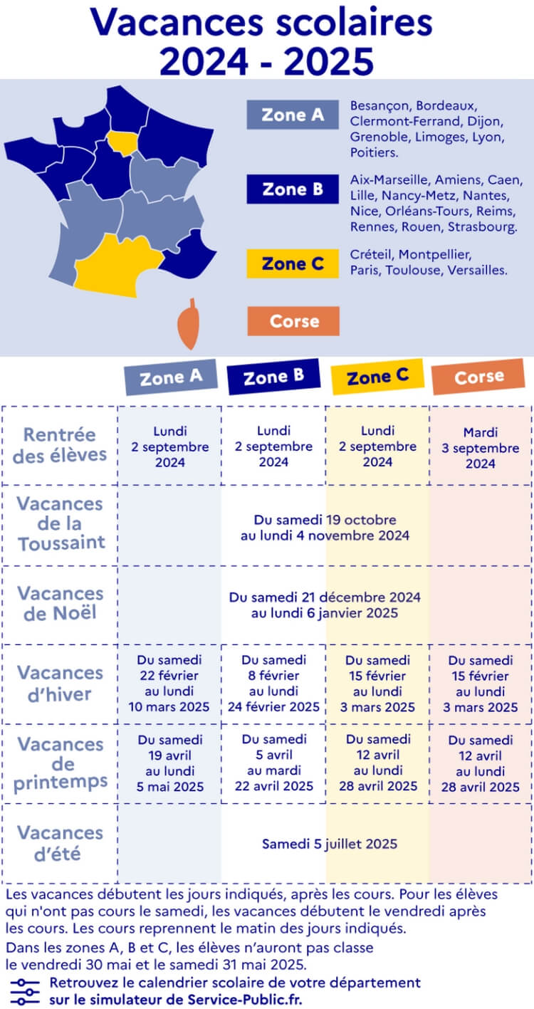 Calendrier des vacances scolaires en France en 2024-2025