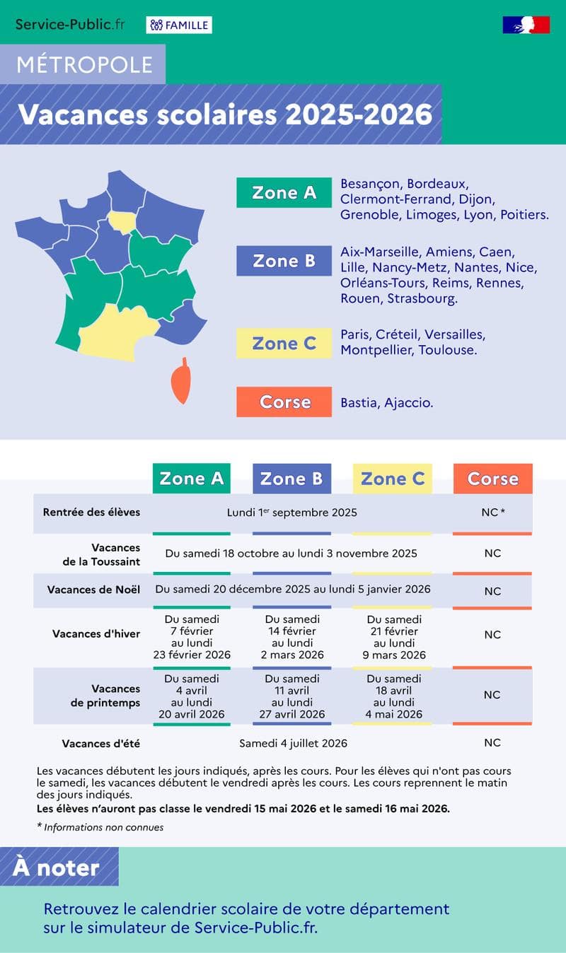 Les vacances scolaires en France 2025-2026