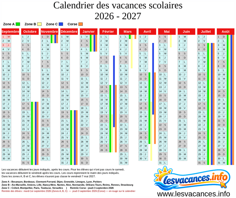 Vacances scolaires France 2026-2027
