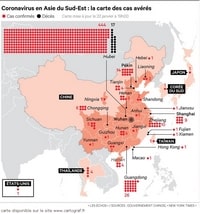 Carte du coronavirus avec les cas avérés en Asie du sud-est le 22 janvier 2020