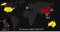 Carte de la contamination et des décès le 25  janvier 2020 par le coronavirus chinois