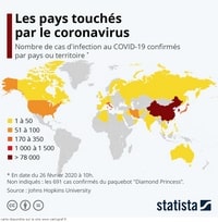 Carte sur le coronavirus avec les pays touchés au 26/02/20