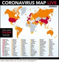 carte coronavirus situation mondiale au 09/03/20