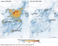 Une carte de évolution de la pollution NO2 en Chine pendant un mois de coronavirus