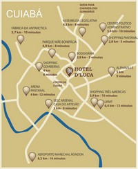 Carte de Cuiaba centre avec les monuments importants, le centre politique, le centre commercial et le stade