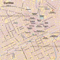 Carte de Curitiba centre avec les rues, les monuments importants, les musées, la bibliothèque, le théâtre, la cathédrale