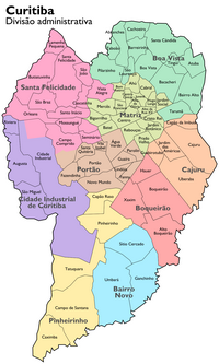 Carte de Curitiba avec la division administrative des quartiers et des arrondissements