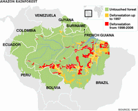 Carte de la déforestation de l'Amazonie avant et après 1998