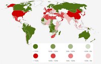carte du monde empreinte biologique en rouge et la production naturelle en vert