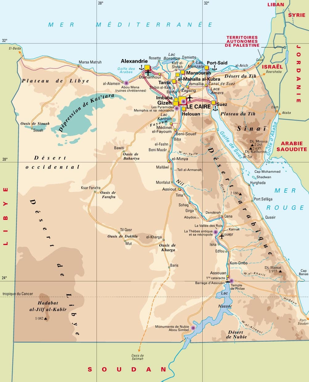 Carte détaillée des aéoroports et des déserts d'Egypte.
