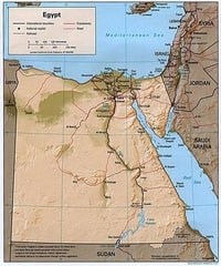 Carte des routes et des chemins de fer d'Egypte.