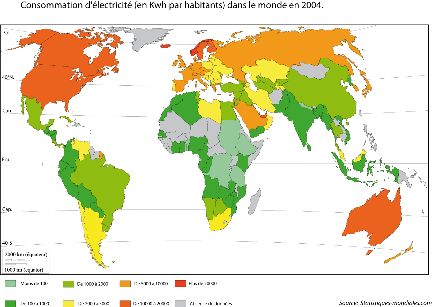 Consommation d'électricité dans le monde en kwh par habitant dans le monde en 2004