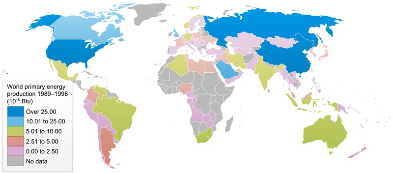 Carte de la production d'énergie primaire dans le monde