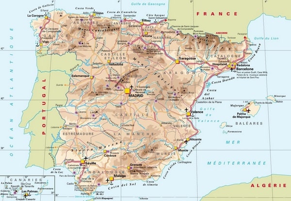 Carte de l'Espagne avec les villes les aéroports et les ports