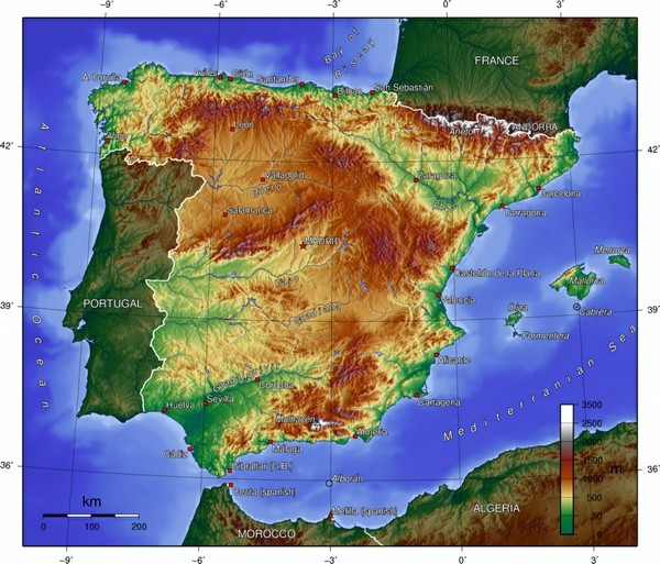 carte relief Espagne altitude