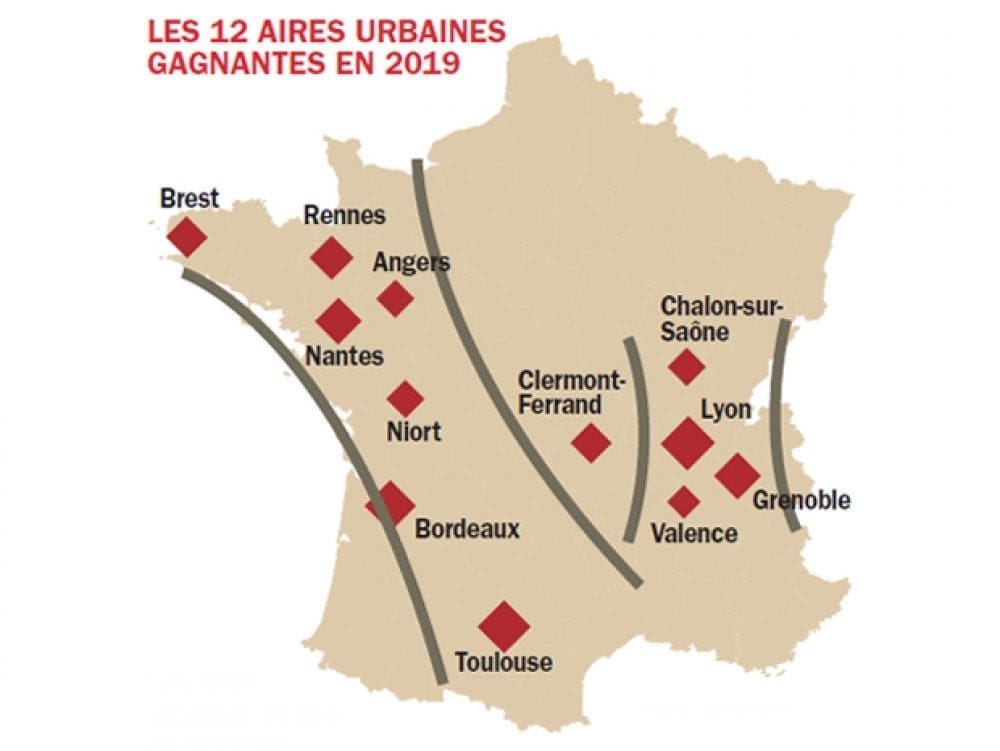 carte de france aires urbaines gagnantes pour la création de l'emploi sur le territoire français