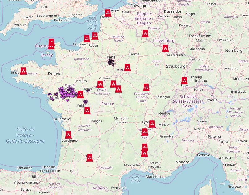 Carte de France avec l'eau contaminée au tritium radioactif en 2019