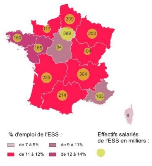 Carte de France avec l'Economie Sociale et Solidaire pour l'emploi