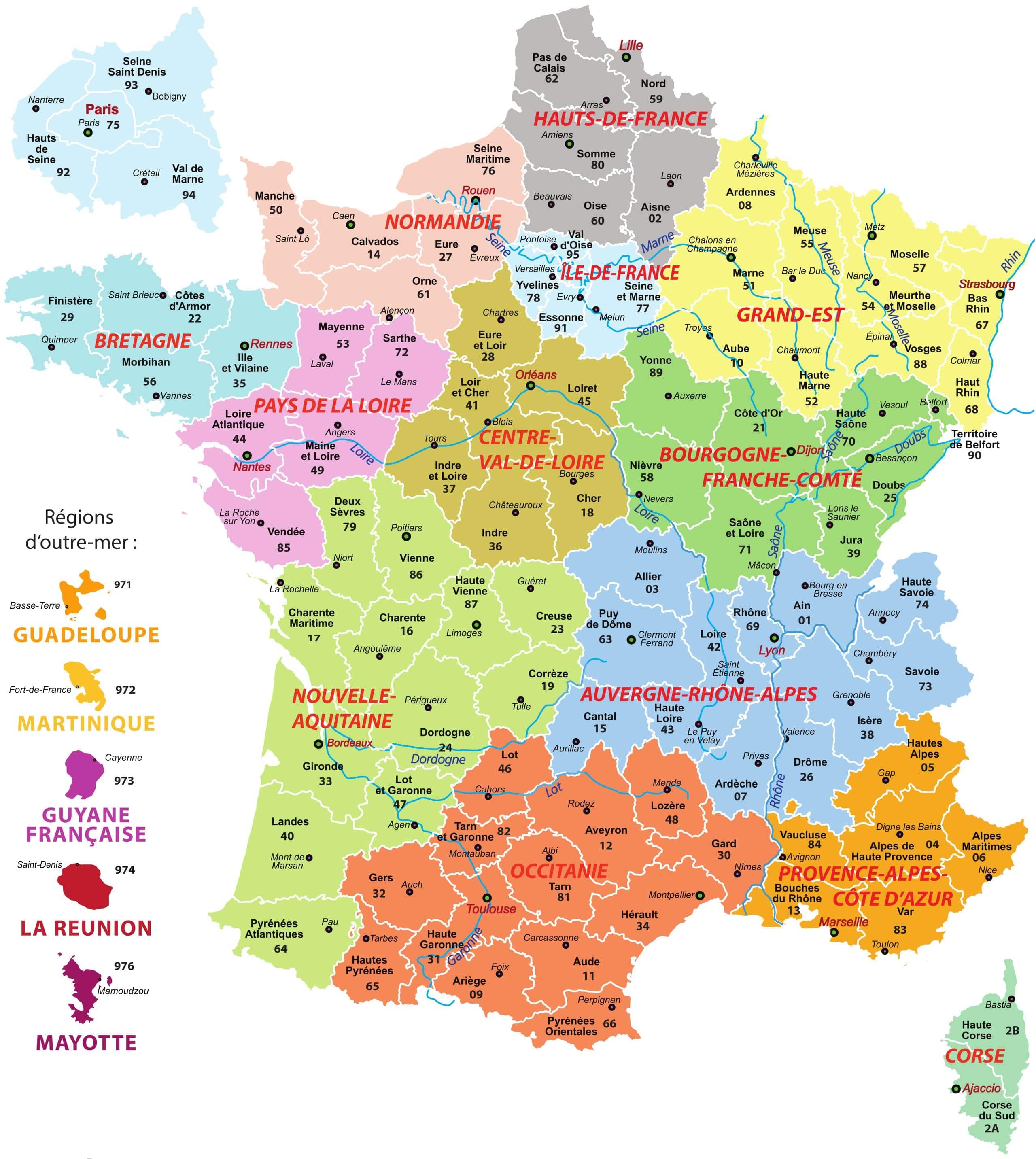 carte de france grande carte régions départements rivières fleuves