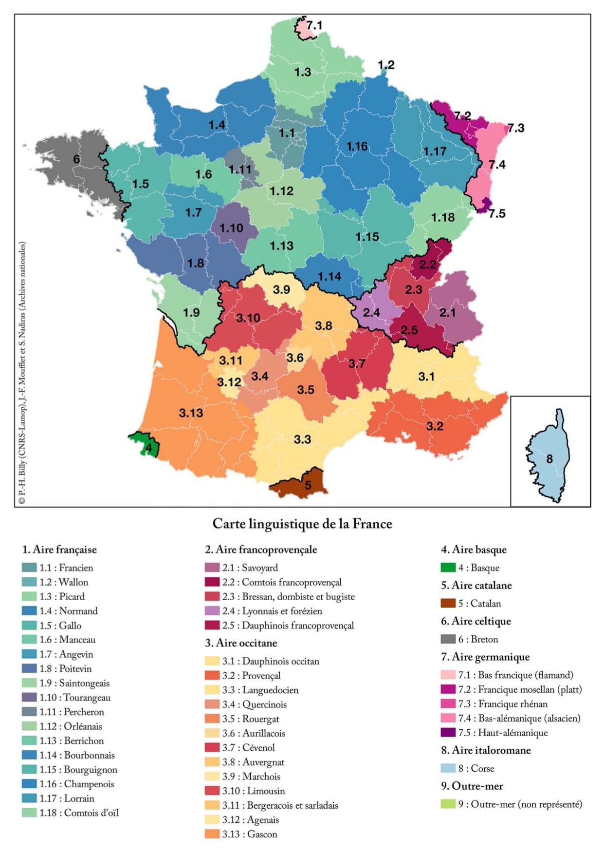 Carte France découpage linguistique avec les dialectes français en 2019