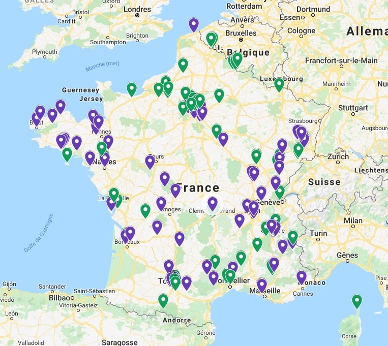 Carte France avec les mesures pour les pesticides, en vert les arrêtés municipaux et en violet les appels à la résistance
