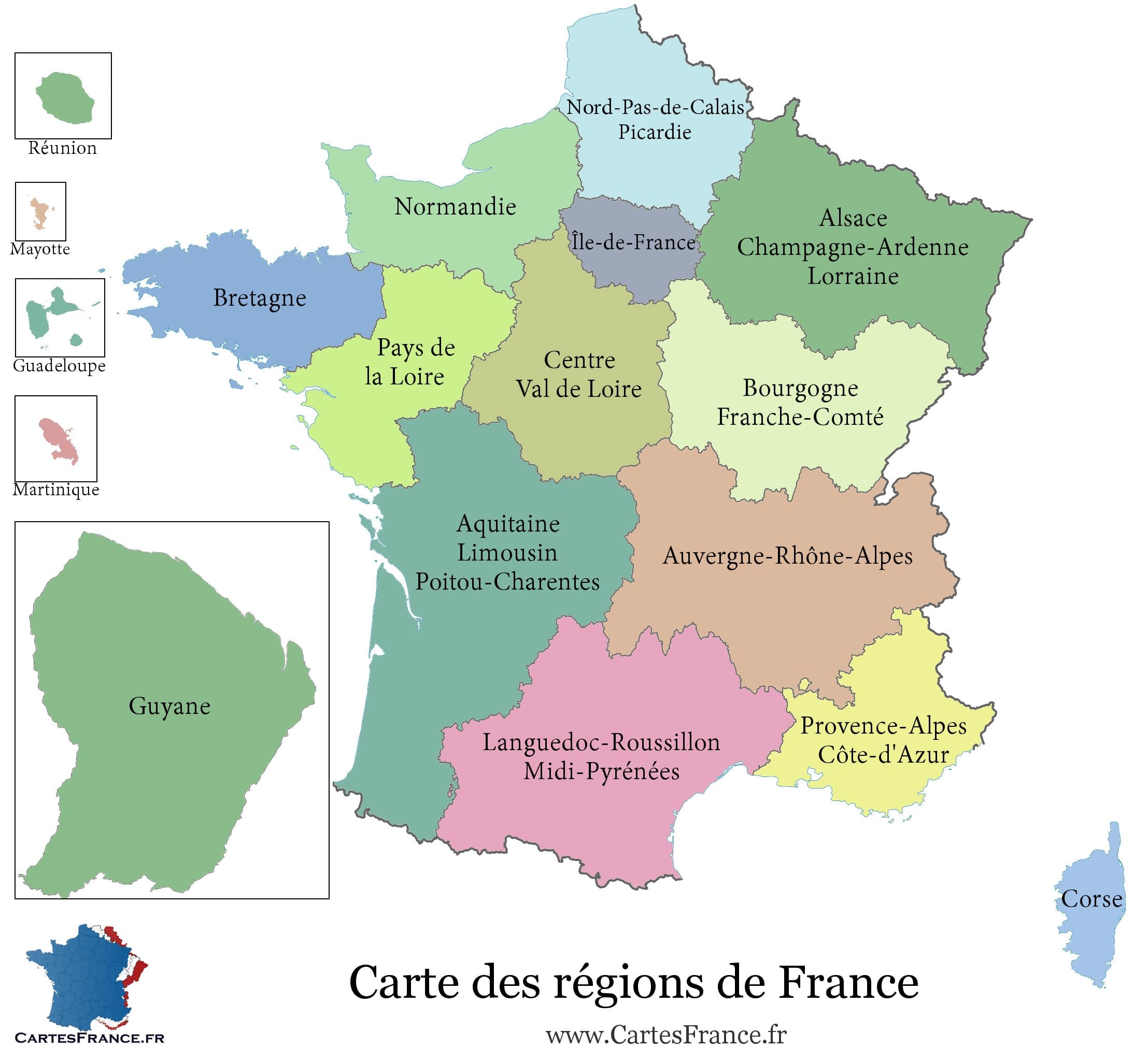 carte de la France avec les régions en couleur