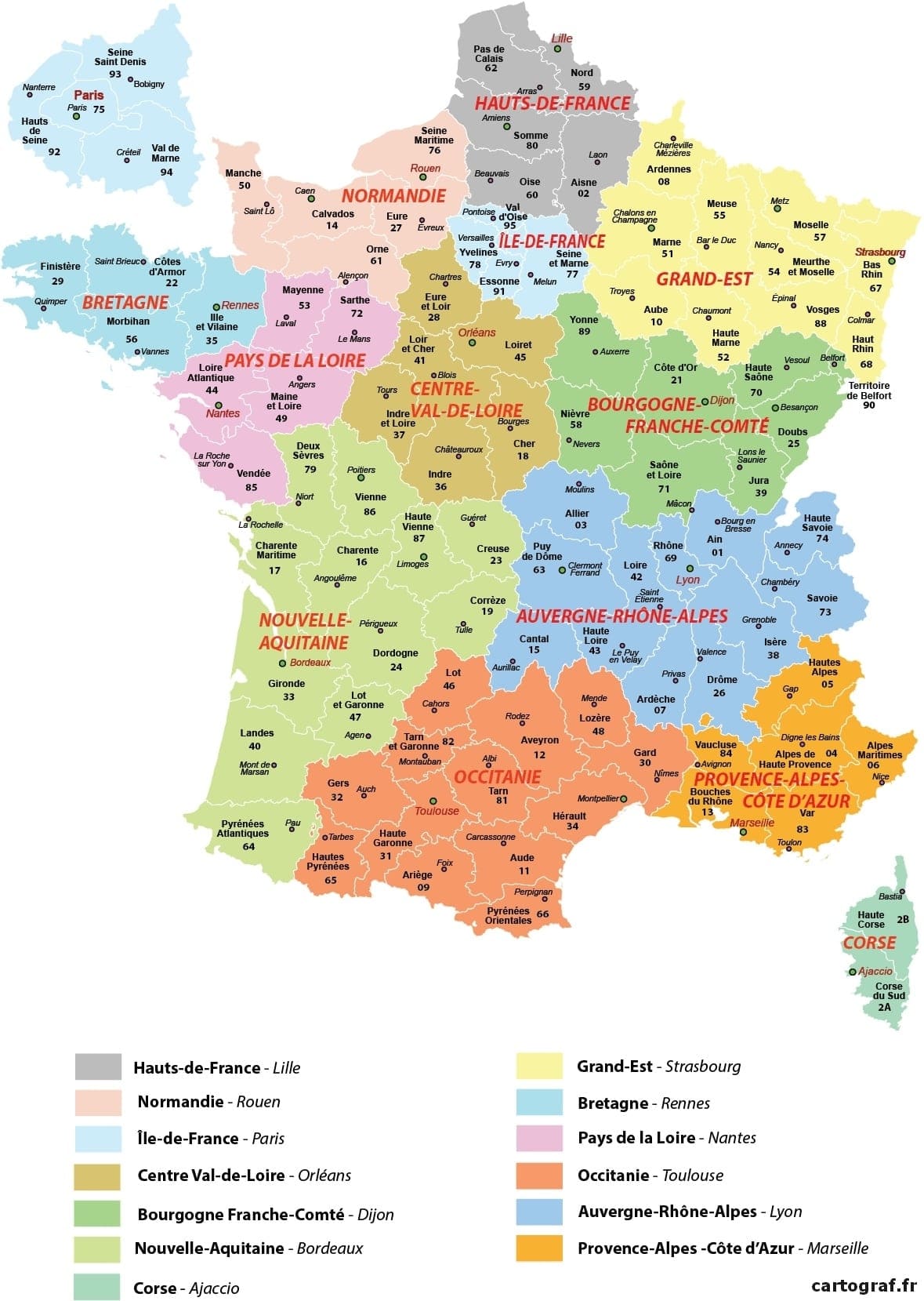 carte de la France avec les régions et les départements en couleur