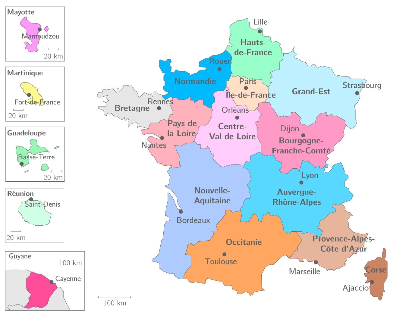 carte de france régions et les départements en couleur