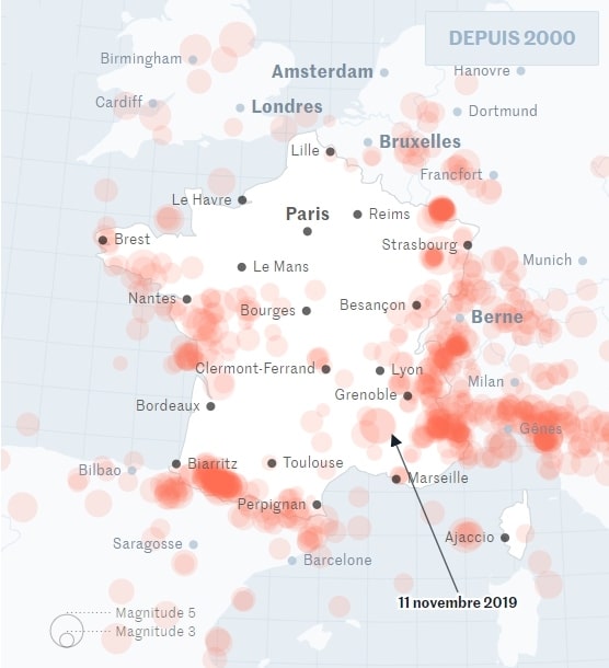 carte de la France avec séisme depuis 2000