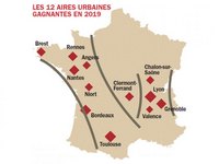 Représentation graphique simple avec les aires urbaines gagnantes pour la création de l'emploi sur le territoire français