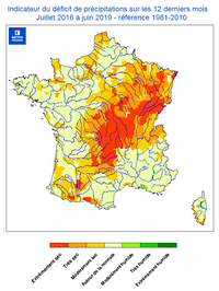 Carte de la France avec le déficit des précipitations en 2018 et 2019