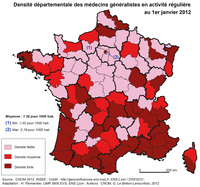 Carte de la France avec la densité des médecins généralistes par département