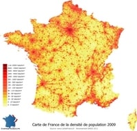 Carte de la France avec la densité de population en 2009 en habitants au km2