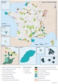 Carte de France avec les espaces protégés, les réserves naturelles, les parcs nationaux et les biosphères